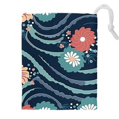 Waves Flowers Pattern Water Floral Minimalist Drawstring Pouch (5xl) by Pakemis