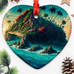 Tropical Island Paradise Ocean Sea Palm Trees Heart Ornament (two Sides) by Pakemis