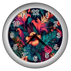 Tropical Flowers Floral Floral Pattern Pattern Wall Clock (silver)