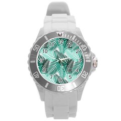 Background Pattern Texture Leaves Design Wallpaper Round Plastic Sport Watch (l) by Wegoenart