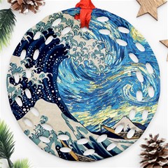 Starry Night Hokusai Vincent Van Gogh The Great Wave Off Kanagawa Round Filigree Ornament (two Sides) by Semog4