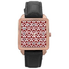 Red Pretzel Illustrations Pattern Rose Gold Leather Watch  by GardenOfOphir