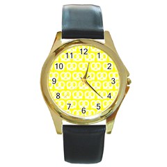 Yellow Pretzel Illustrations Pattern Round Gold Metal Watch by GardenOfOphir