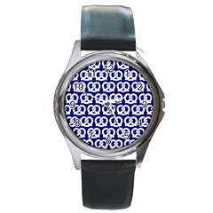 Navy Pretzel Illustrations Pattern Round Metal Watch by GardenOfOphir