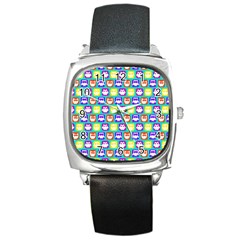 Colorful Whimsical Owl Pattern Square Metal Watch by GardenOfOphir