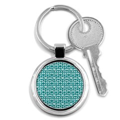 Teal And White Owl Pattern Key Chain (round) by GardenOfOphir