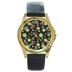 Watermelon Berry Patterns Pattern Round Gold Metal Watch