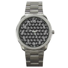 Black And White Gerbera Daisy Vector Tile Pattern Sport Metal Watch by GardenOfOphir