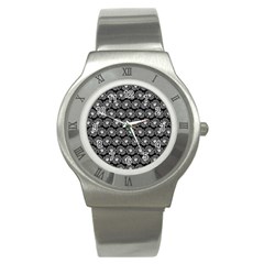 Black And White Gerbera Daisy Vector Tile Pattern Stainless Steel Watch by GardenOfOphir