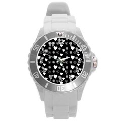 Hearts Snowflakes Black Background Round Plastic Sport Watch (l) by Jancukart