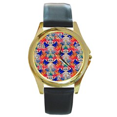 Butterflies Blue Pattern Girly Round Gold Metal Watch