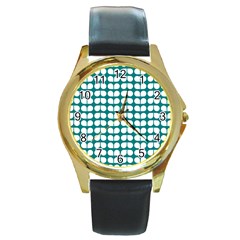 Teal And White Leaf Pattern Round Gold Metal Watch