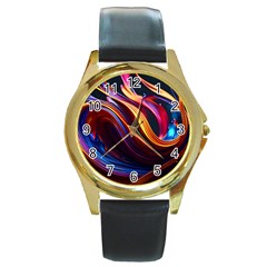 Ai Generated Waves Splash Liquid Paint Wall Round Gold Metal Watch