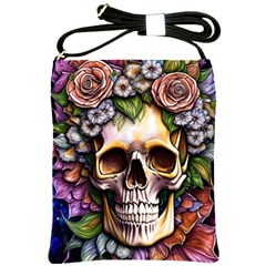 Death Skull Floral Shoulder Sling Bag by GardenOfOphir