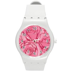 Pink Roses Pattern Floral Patterns Round Plastic Sport Watch (m)