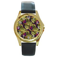 Pattern Vector Texture Style Garden Drawn Hand Floral Round Gold Metal Watch by Salman4z