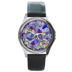 Blue Yellow Background Pattern Vector Texture Paisley Round Metal Watch