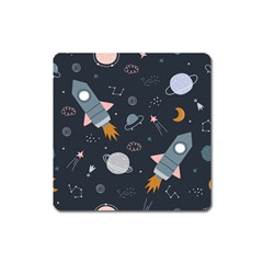 Space Background Illustration With Stars And Rocket Seamless Vector Pattern Square Magnet by Salman4z