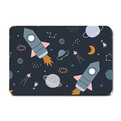 Space Background Illustration With Stars And Rocket Seamless Vector Pattern Small Doormat by Salman4z