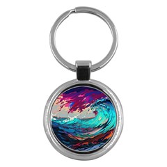 Tsunami Waves Ocean Sea Nautical Nature Water Painting Key Chain (round) by Jancukart