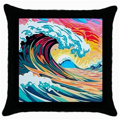 Waves Ocean Sea Tsunami Nautical 8 Throw Pillow Case (black) by Jancukart