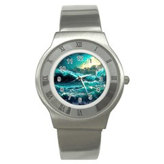 Tsunami Waves Ocean Sea Nautical Nature Water 5 Stainless Steel Watch by Jancukart