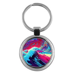 Tsunami Waves Ocean Sea Nautical Nature Water Blue Pink Key Chain (round)