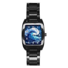 Tsunami Waves Ocean Sea Nautical Nature Water Moon Stainless Steel Barrel Watch by Jancukart