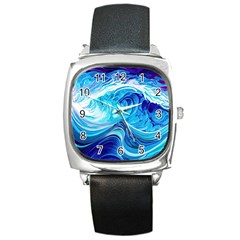 Tsunami Waves Ocean Sea Nautical Nature Abstract Blue Water Square Metal Watch