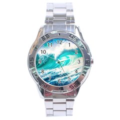 Tsunami Waves Ocean Sea Nautical Nature Water Blue Nature Stainless Steel Analogue Watch by Jancukart