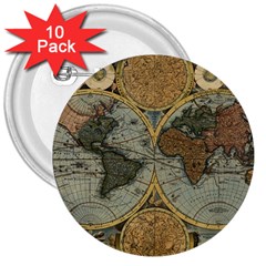 Vintage World Map 3  Buttons (10 Pack) 