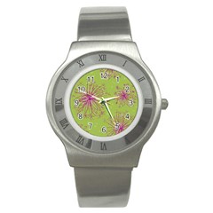 Dandelion Flower Background Nature Flora Drawing Stainless Steel Watch by Uceng