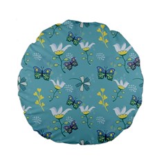 Butterflies Flowers Blue Background Spring Pattern Standard 15  Premium Flano Round Cushions