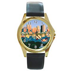 City Buildings Urban Dawn Round Gold Metal Watch by Salman4z