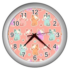 Cute-kawaii-kittens-seamless-pattern Wall Clock (silver) by Salman4z