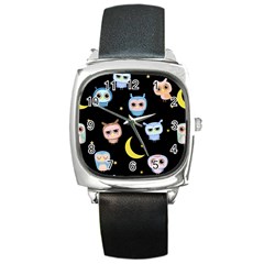 Cute-owl-doodles-with-moon-star-seamless-pattern Square Metal Watch by Salman4z