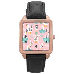 Cute-happy-duck-gift-card-design-seamless-pattern-template Rose Gold Leather Watch 