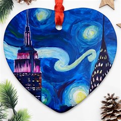 Starry Night In New York Van Gogh Manhattan Chrysler Building And Empire State Building Heart Ornament (two Sides) by Mog4mog4