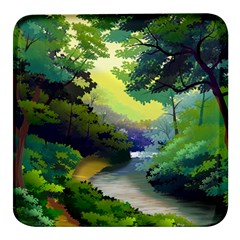 Landscape Illustration Nature Forest River Water Square Glass Fridge Magnet (4 Pack)