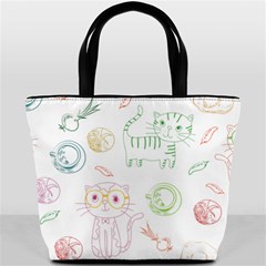 Cats And Food Doodle Seamless Pattern Bucket Bag by Bakwanart