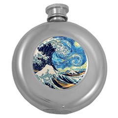 The Great Wave Of Kanagawa Painting Hokusai, Starry Night Vincent Van Gogh Round Hip Flask (5 Oz) by Bakwanart