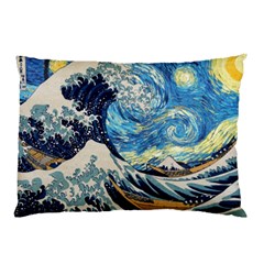 The Great Wave Of Kanagawa Painting Hokusai, Starry Night Vincent Van Gogh Pillow Case by Bakwanart