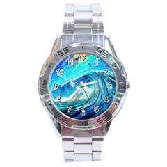 Tsunami Waves Ocean Sea Nautical Nature Water Painting Stainless Steel Analogue Watch by Cowasu