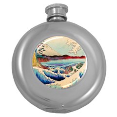 Wave Japanese Mount Fuji Woodblock Print Ocean Round Hip Flask (5 Oz) by Cowasu