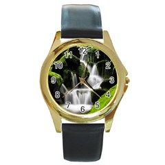 Waterfall Moss Korea Mountain Valley Green Forest Round Gold Metal Watch by Ndabl3x