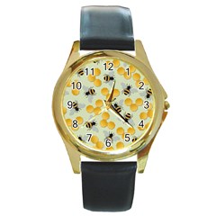 Honey Bee Bees Pattern Round Gold Metal Watch by Ndabl3x