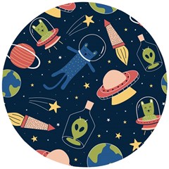 Seamless-pattern-with-funny-aliens-cat-galaxy Wooden Puzzle Round by Wav3s