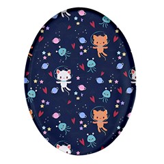 Cute Astronaut Cat With Star Galaxy Elements Seamless Pattern Oval Glass Fridge Magnet (4 Pack) by Wegoenart