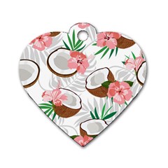 Seamless Pattern Coconut Piece Palm Leaves With Pink Hibiscus Dog Tag Heart (one Side) by Vaneshart