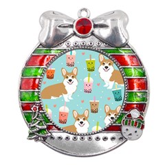 Welsh Corgi Boba Tea Bubble Cute Kawaii Dog Breed Metal X mas Ribbon With Red Crystal Round Ornament